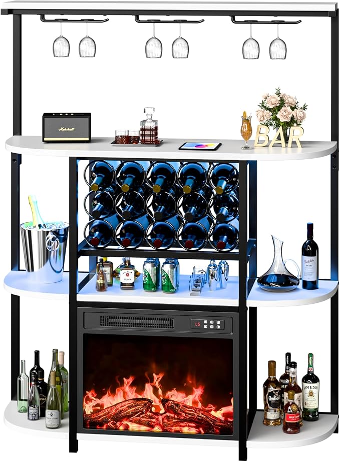 PUKAMI Bar Cabinet with Fireplace, Home Mini Bar Cabinet with Power Outlet and - Image 6