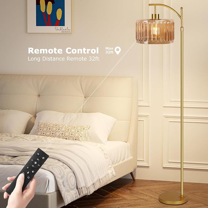 QIYIZM Glass Floor Lamp for Living Room, Mid Century Modern Brass Tall Lamp - Image 4