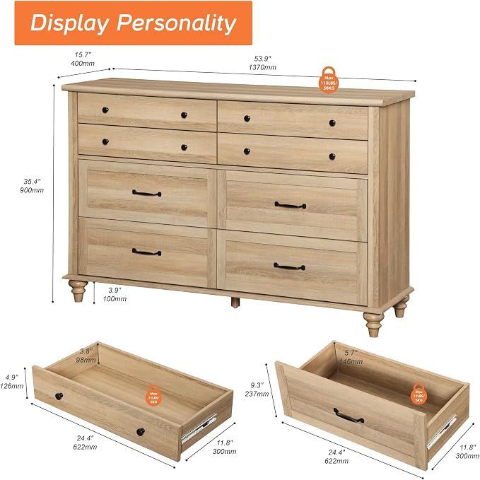 WAMPAT 8 Drawers Dresser for Bedroom, Farmhouse Dresser Chest of Drawers - Image 2