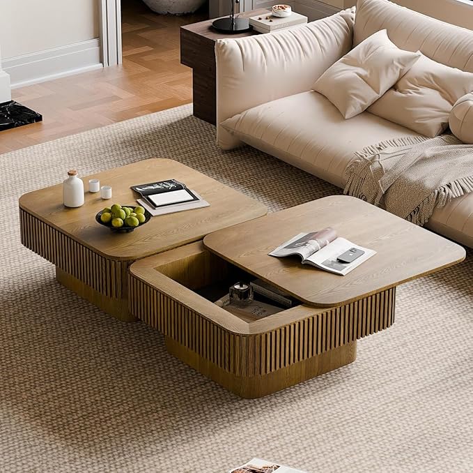Square Coffee Table for Living Room, Fluted Drum Accent Tea Center Table - Image 7