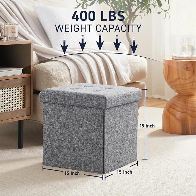 Ornavo Home 2 Pack 15 Inch Folding Storage Ottoman, Square Cube Linen Small - Image 3