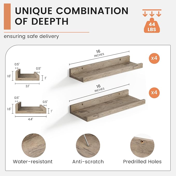 Floating Picture Ledge Shelves for Wall Set of 8, 16 Inch Wall Shelves - Image 3