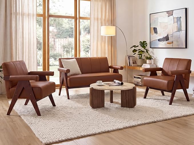 STHOUYN Brown Leather Loveseat Sofa and Accent Chairs Set of 2, Mid-Century by STHOUYN