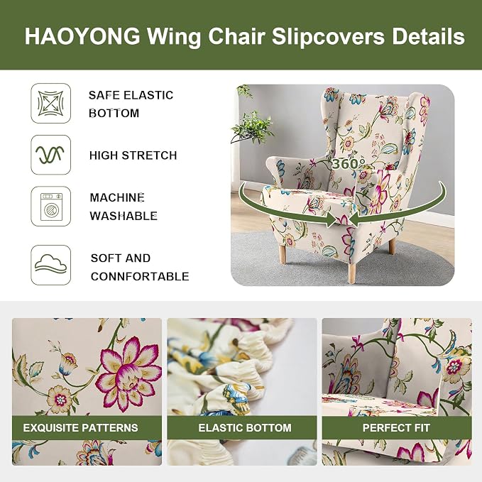 HAOYONG Wing Chair Slipcovers Printed Wingback Chair Covers 2 Pieces Wingback - Image 4