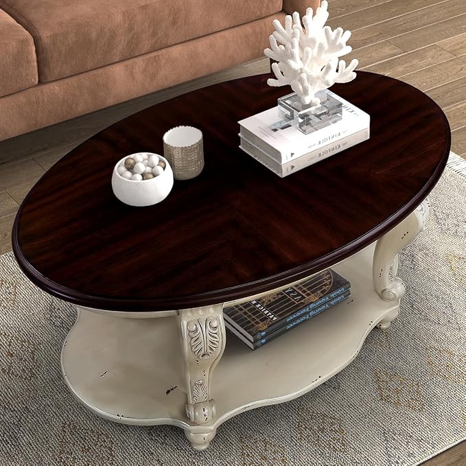 Oval Wood Coffee Table for Living Room, 2-Tier Solid Wood Coffee Table - Image 6