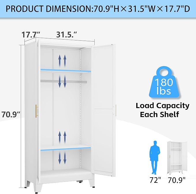 erosoei 71 "Metal Armoire Wardrobe Closet, Steel Clothing Storage Cabinet - Image 2