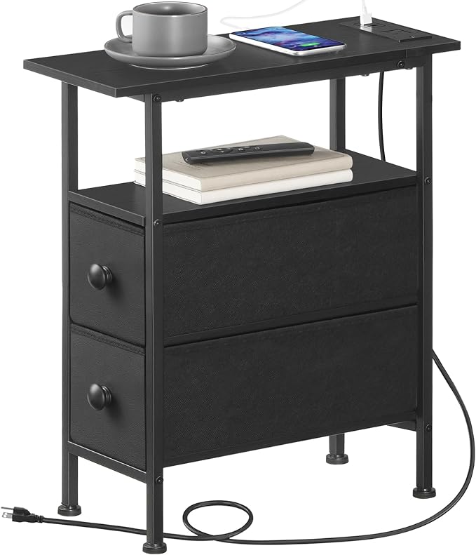 HOOBRO End Table with Charging Station, Narrow Side Table with 2 Fabric Drawers - Image 7