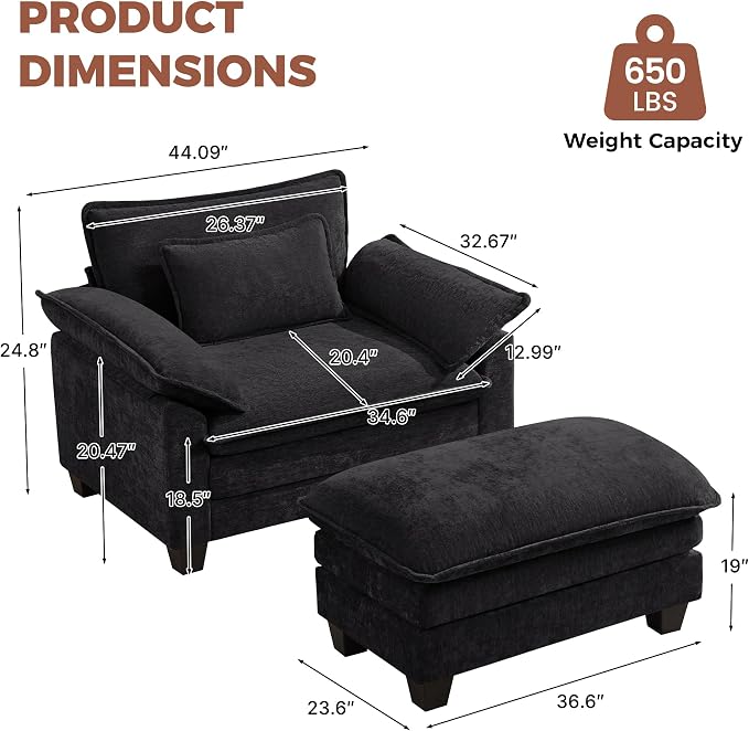 Oversized Accent Chair with Ottoman, Upholstered Armchair with Extra Thick - Image 2