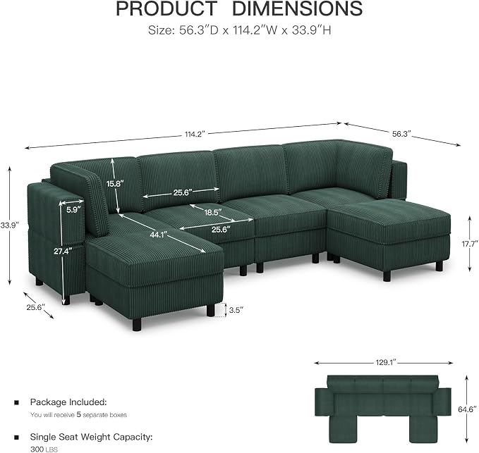 Belffin Modular Sectional Sofa U Shaped Sectional Sofa Couch 6 Seater Corduroy - Image 2