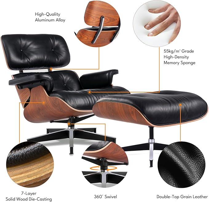 Top Black Grain Leather, Mid Century Chaise Lounge Chair and Ottoman, Accent - Image 6