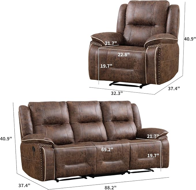 EBELLO Faux Leather Manual Recliner Sofa Set, 1 Seat Reclining Chair and a 3 - Image 2