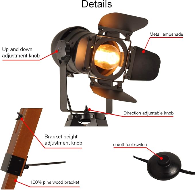 Decoluce Vintage Tripod Floor Lamp, Height Adjustable Wooden Camera Tripod - Image 6