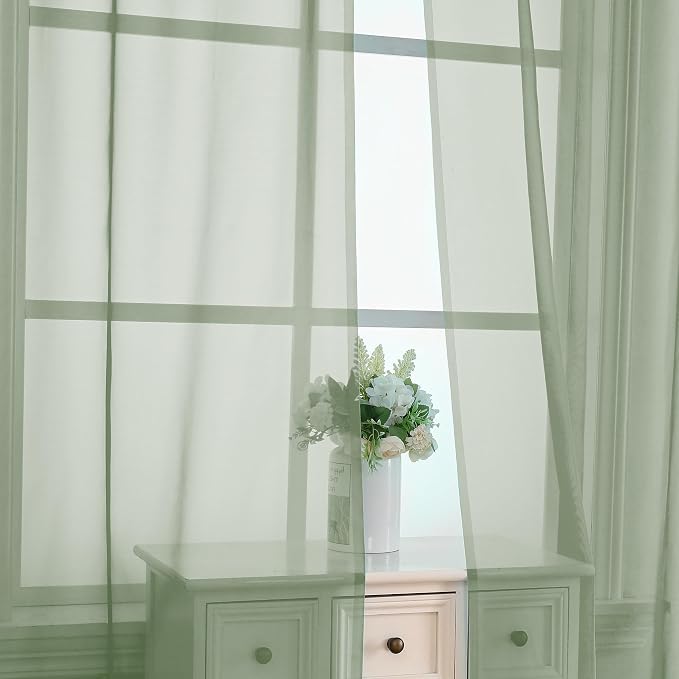 OVZME Light Green Sheer Curtains 63 inch Length 2 Panels Set - Image 3