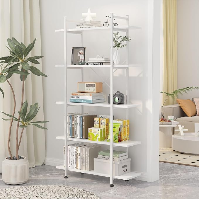 Bookshelf 5 Tiers White Wooden Storage Shelf, Modern Open Display Storage - Image 6