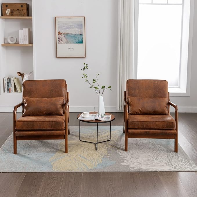 Mid Century Modern Brown Accent Chair Living Room- Comfy Solid Wood Arm Chair - Image 8