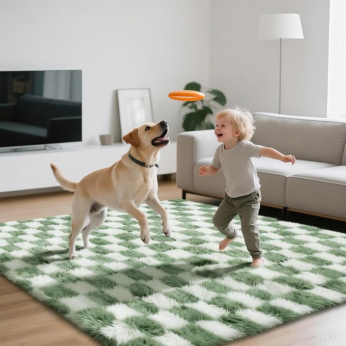 Area Rugs for Bedroom Living Room, 8x10 Green and White Fluffy Soft Checkered - Image 5