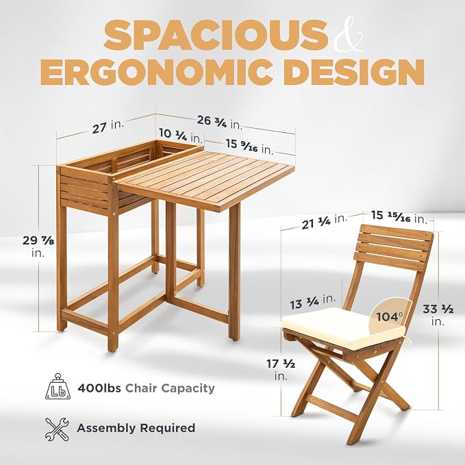 IDZO Natural 3-Piece Bistro Set: Foldable 400lbs Chairs, 220lbs Shelf Table - Image 5
