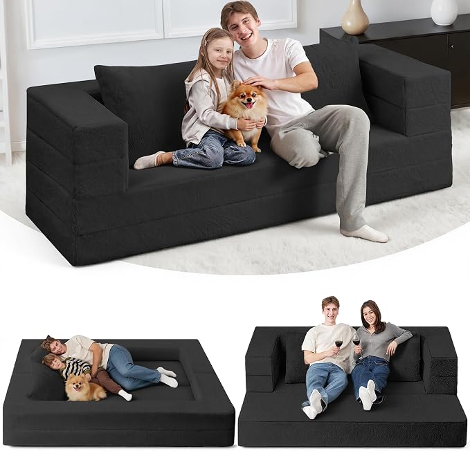 Futon Sofa Bed with Pillow, 3-in-1 Sleeper Sofa Bed with Removable Cover by Cansunna