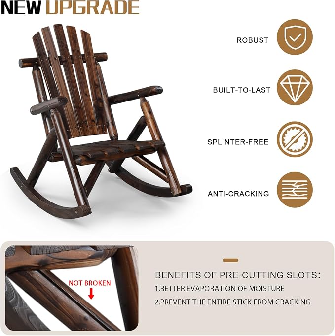 Outvita Wooden Rocking Chair, Fir Log Adirondack Rocker, Outdoor Wood Accent - Image 5