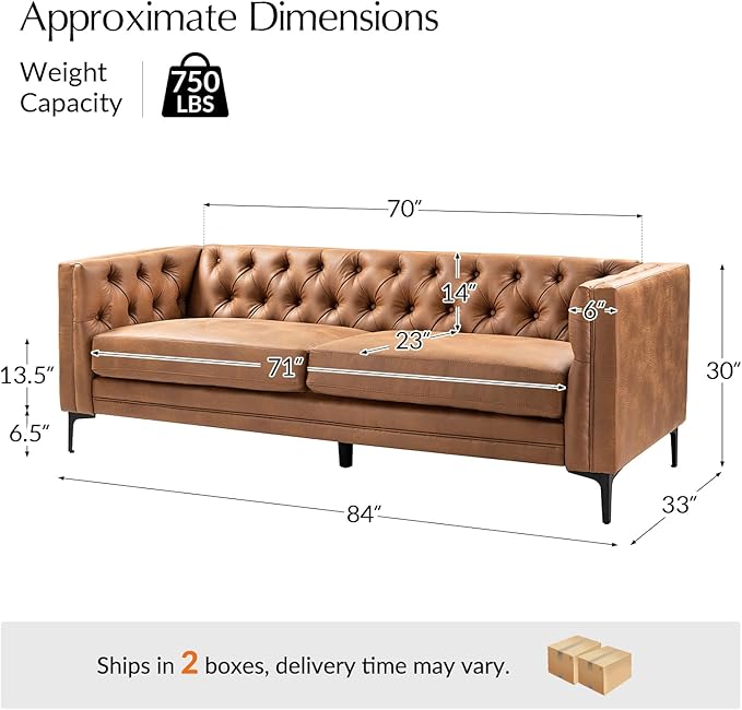 HULALA HOME 84" W Faux Leather Sofa Couch - Image 2