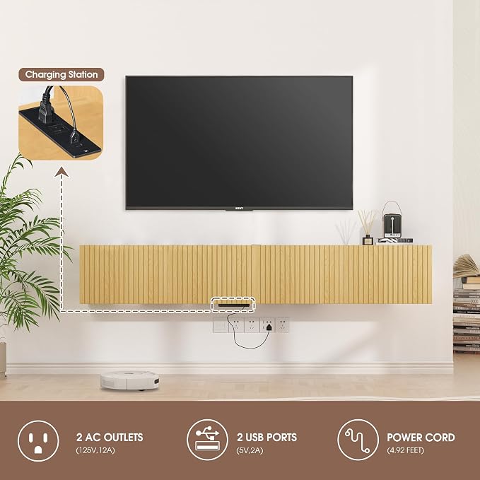 71” Floating TV Stand with LED Lights & Charging Station, Wall Mounted - Image 2