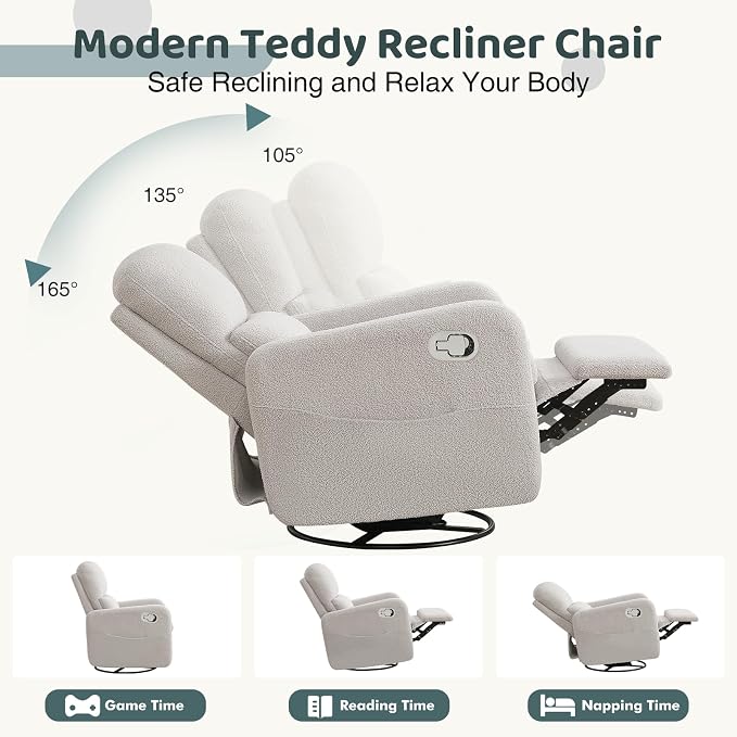 Swivel Rocker Recliner, Oversized Teddy Manual Nursery Glider Rocking Recliner - Image 5