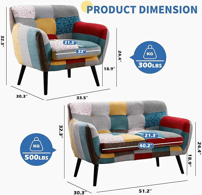 Bonzy Home Modern Colorful 2 Piece Coroful Fabric Sofa Set, Included Accent - Image 2