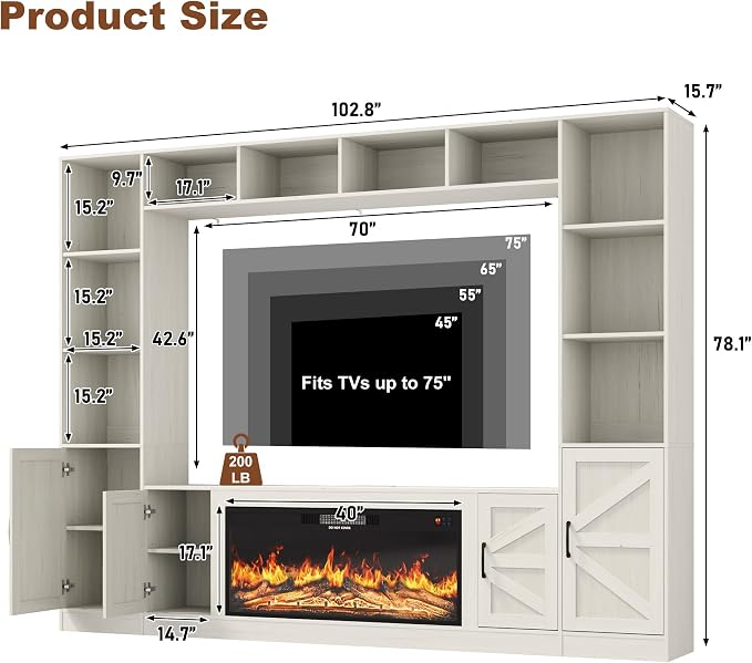 103" Fireplace TV Stand with 40" Electric Fireplace, Farmhouse TV Stand with - Image 2