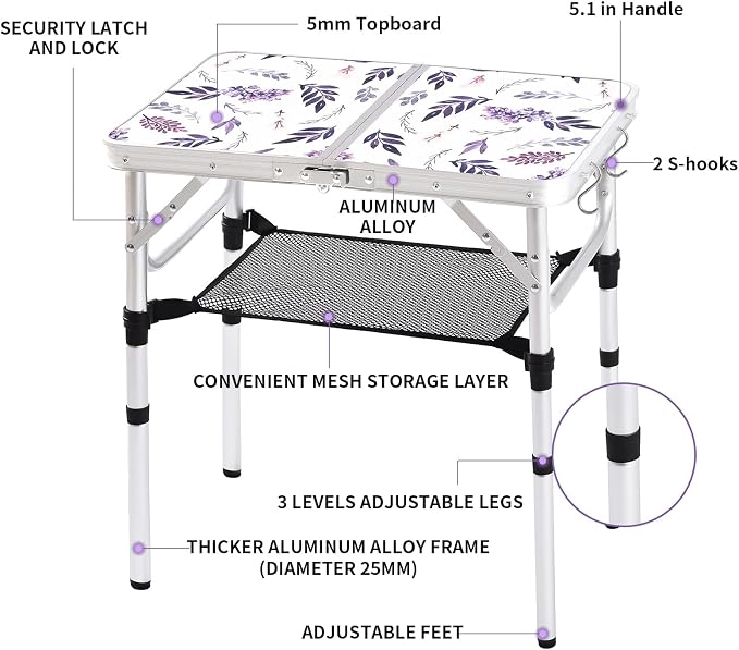 Yriuat Folding Camping Table 2ft Portable Picnic Table Adjustable Height Small - Image 4