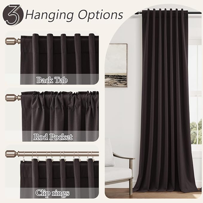 Guken Cocoa Coffee 100% Blackout Linen Curtains 96 Inch Length 2 Panels Set - Image 6