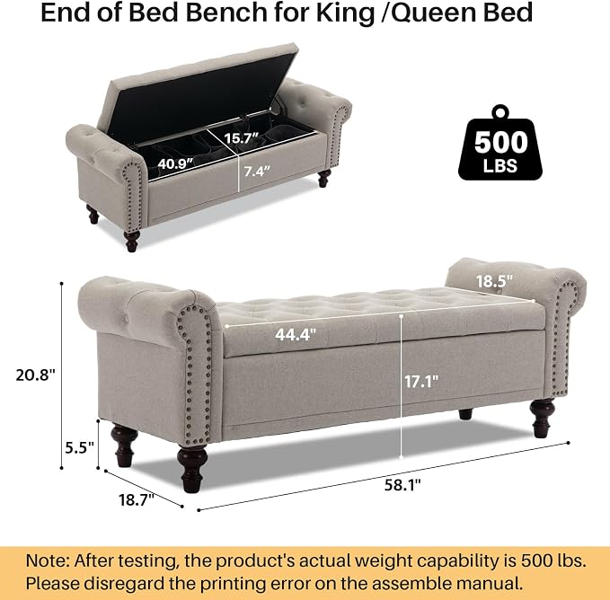 SOFTHION 58.1" Storage Bench Upholstered Linen End of Bedroom Bed Bench Ottoman - Image 2