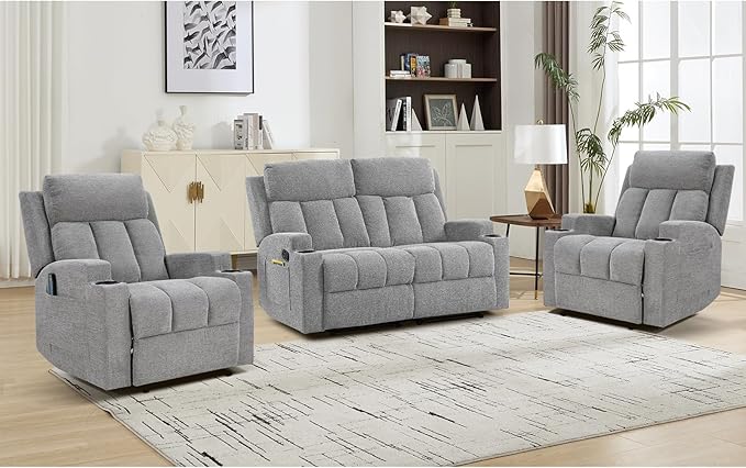 CANMOV Manual Recliner Sofa Set, Fabric Recliner Living Room Furniture Sets by CANMOV