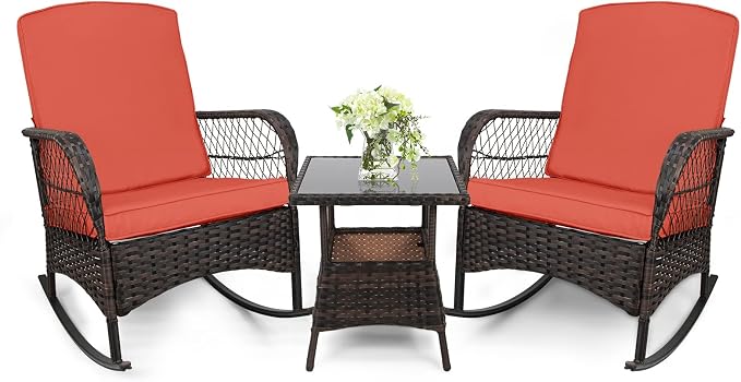 LEVELEVE 3 pcs Rocking Bistro Set Conversation Chairs PE Wicker Outdoor Rocking by Enjoyyourlife