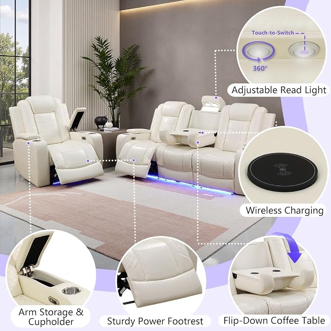 Power Recliner Sofa Set, Leather Reclining Couch & Chair Set, Living Room - Image 5