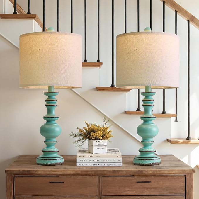 BOBOMOMO 24" Farmhouse Table Lamps Set of 2 – Distressed Teal Lamps - Image 4