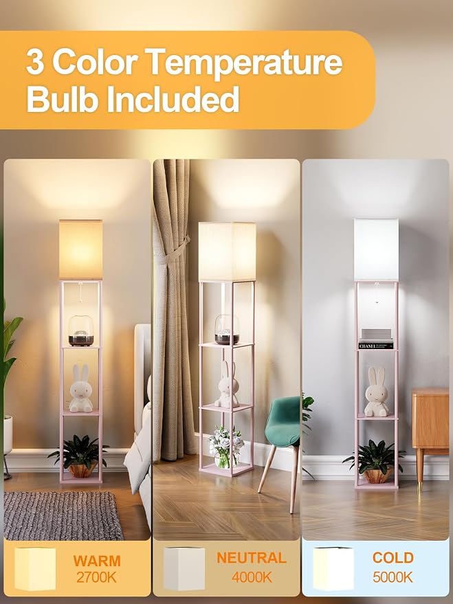 Pink Floor Lamp with Shelves for Living Room, Shelf Floor Lamp with 3 CCT LED - Image 2
