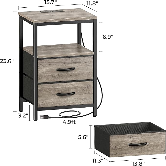 Huuger Nightstand with Charging Station, Fabric Drawers, End Table with Open - Image 2