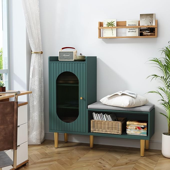 HLR Storage Bench with Glass Door&Shelf, Modern Entryway Shoe Cabinet Bench - Image 6