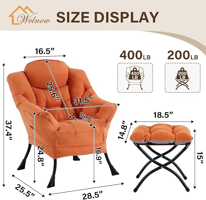 Welnow Lazy Chair with Ottoman for Living Room, Modern Reading Accent Chair - Image 3