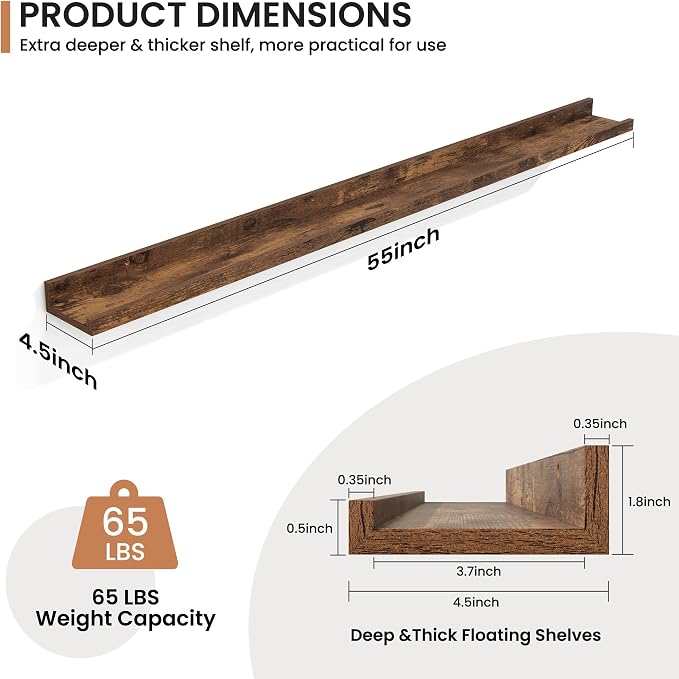 Fun Memories Picture Ledge Shelves Set of 2, 55 Inch Rustic Wall Mounted - Image 2