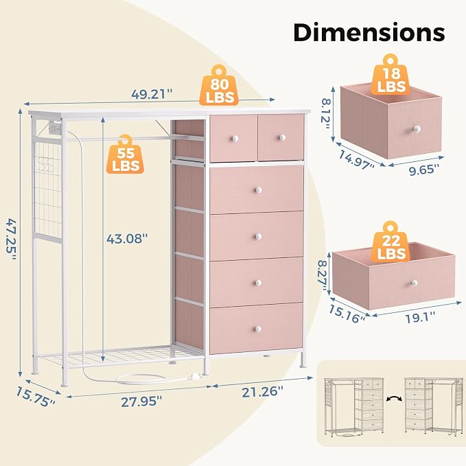 DUMOS Dresser for Bedroom with Hanging Rack, 6 Drawer Fabric Dresser with - Image 3