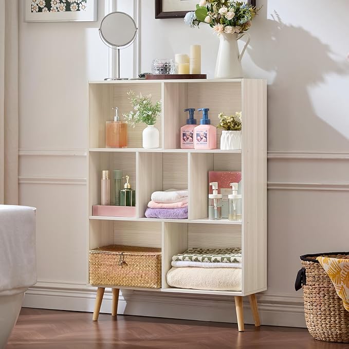 LEYAOYAO Cube Bookshelf 3 Tier Mid-Century Light Grey White Modern Bookcase - Image 8