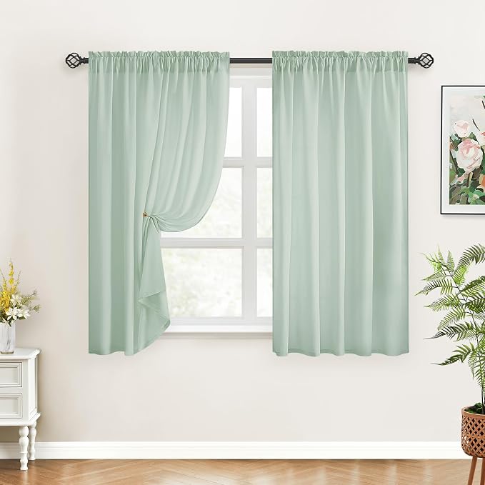 HOMEIDEAS Non-See-Through Sage Green Privacy Sheer Curtains, 52 X 45 Inches - Image 2
