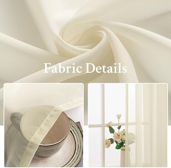 MIULEE Light Cream Sheer Curtains 96 inches Long Window Curtains 2 Panels Solid - Image 3