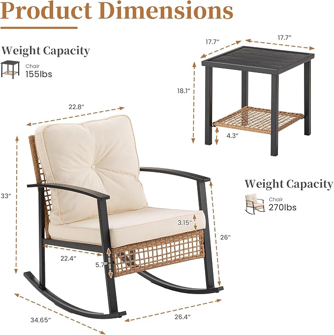 COSIEST 3-Piece Outdoor Rocking Chairs Bistro Set, Rattan Patio Furniture - Image 6