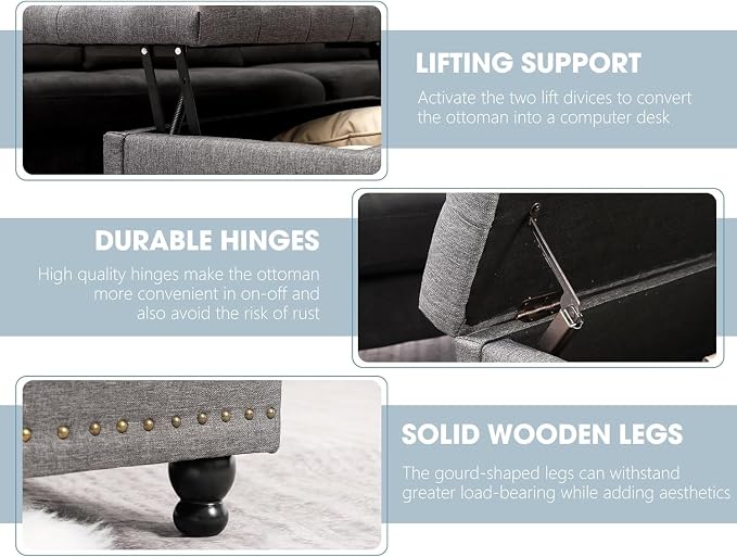 36" Large Square Ottoman with Storage, Tufted Upholstered Storage Ottoman with - Image 4