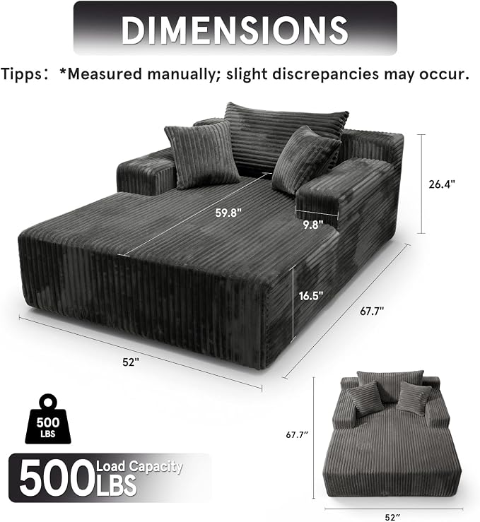 Sytopia Chaise Lounge with Armrests, Oversized Sofa Bed with 3 Pillows - Image 2