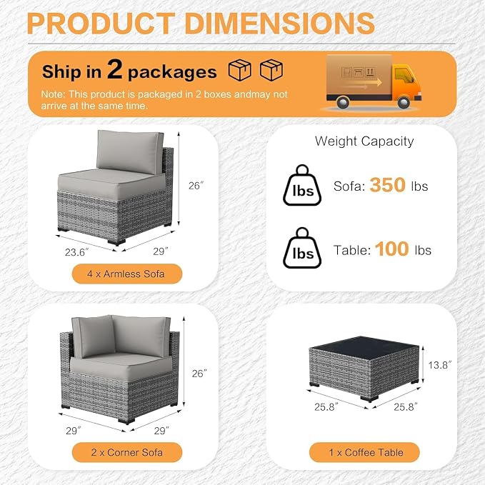 MOCHITO 7 Pieces Outdoor Patio Furniture Sets, All-Weather Sectional Sofa Grey - Image 5