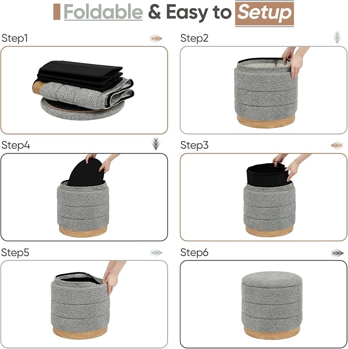 Round Storage Ottoman with Reversible Tray Lid, Folding Chenille Fabric - Image 7