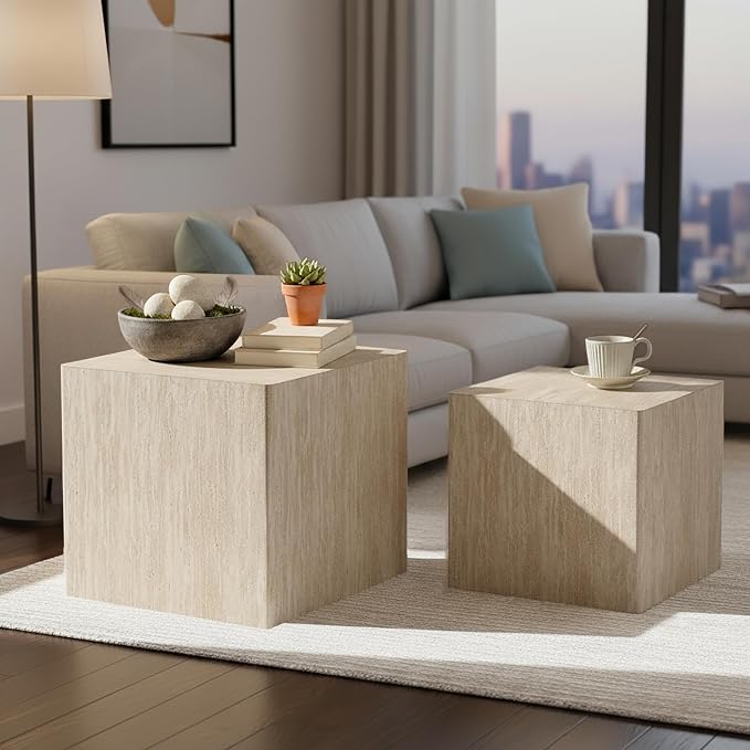 Square Nesting Tables for Living Room, Wood Travertine Veneer Nesting Coffee by Vulacko